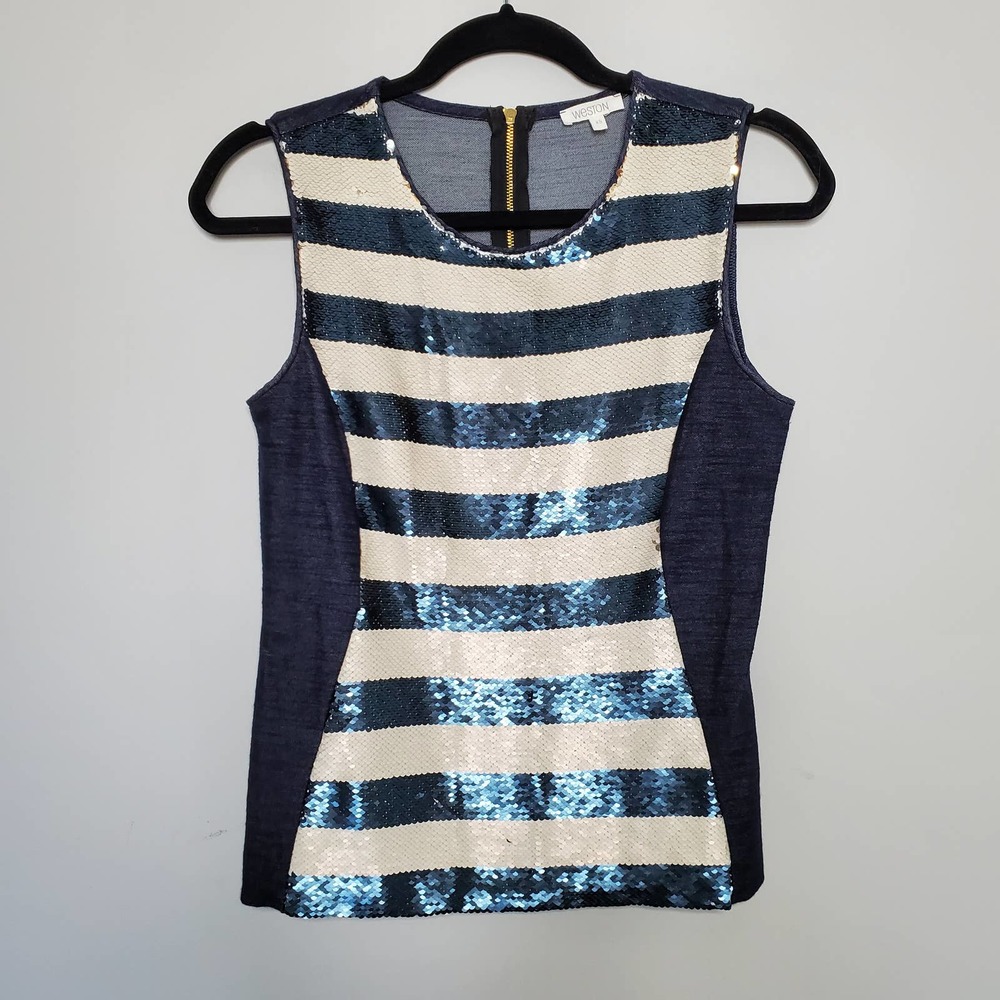 WESTON • Navy Blue White Sequin Scoop Neck Sleeveless Blouse Sz XS